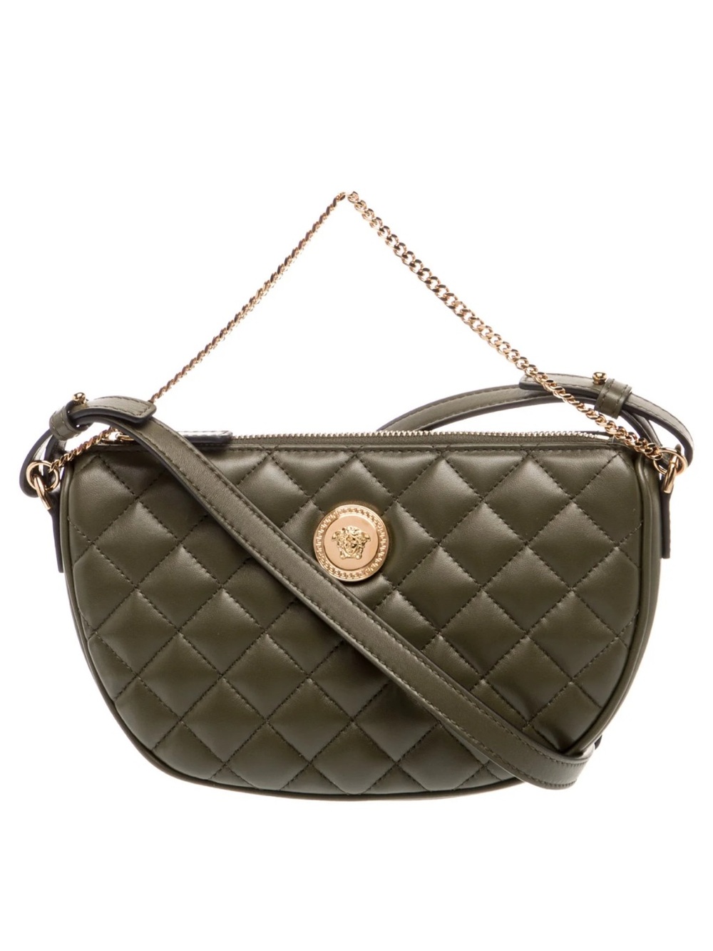 Versace Quilted Olive Crossbody Bag with Gold Hardware
